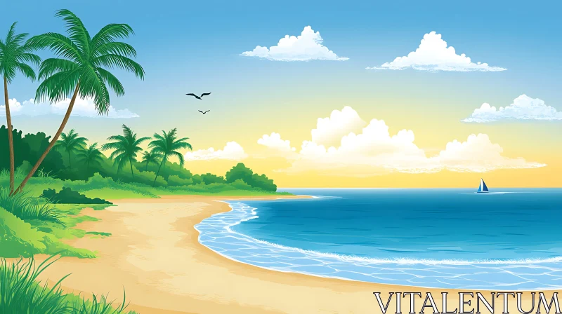 Island Paradise Seascape with Sailboat