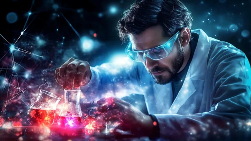 Scientist Conducting Research with Glowing Beakers