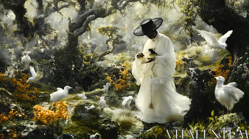 Man in White with Birds