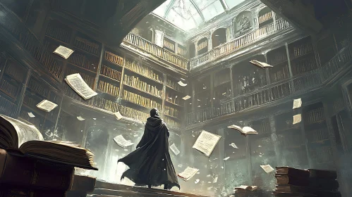 Ancient Library with Floating Pages