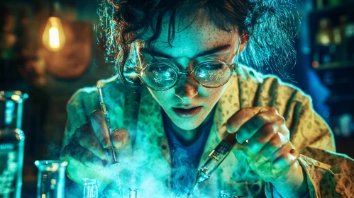 Scientist Experimenting in Dark Lab