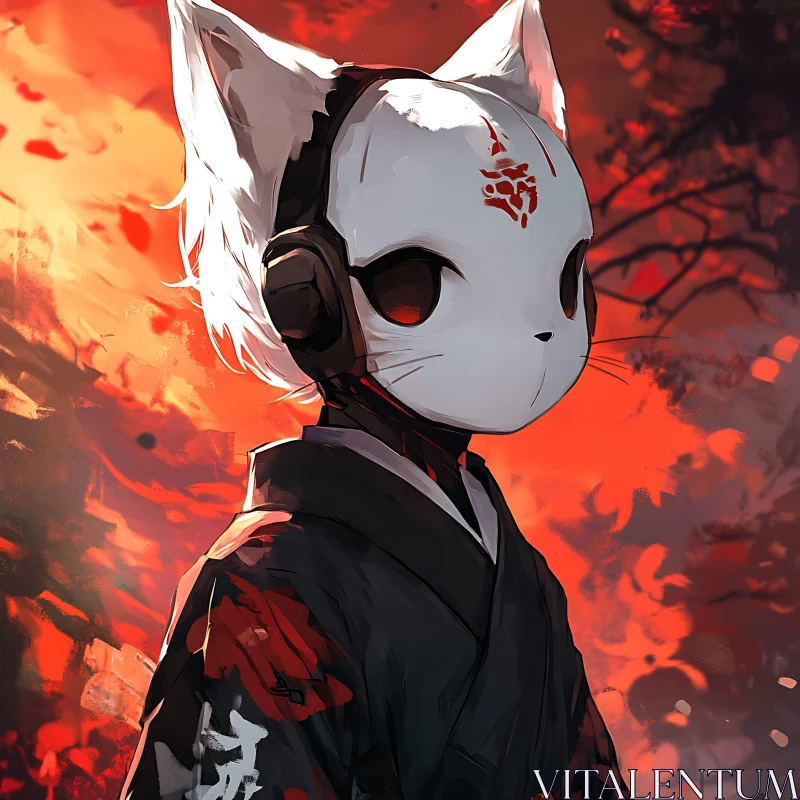 Masked Anime Character with Headphones in Red Scene