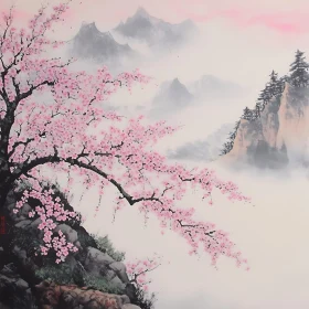 Serene Mountain Landscape with Blooming Cherry Trees