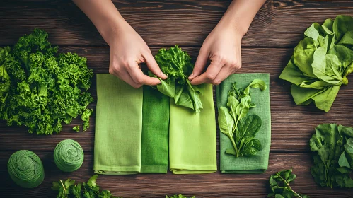 Arranging Fresh Green Vegetables on Wooden Surface