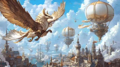 Aerial Fantasy City with Griffon