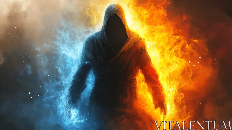 Cloaked Figure in Elemental Conflict