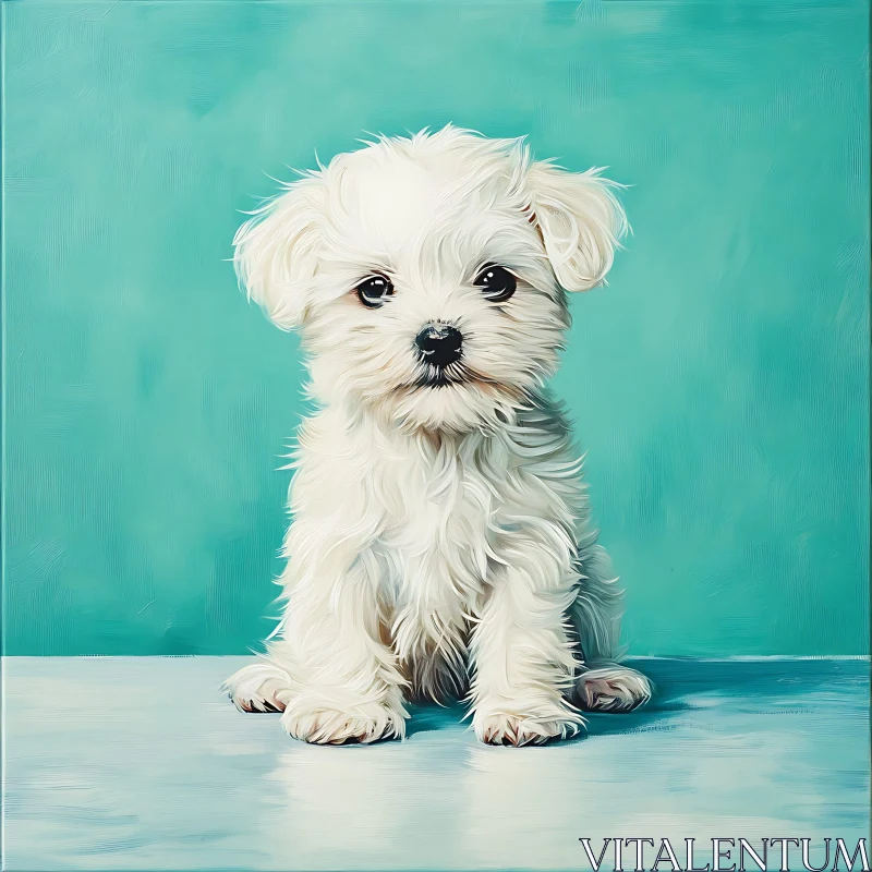 Cute White Puppy Portrait with Aqua Background