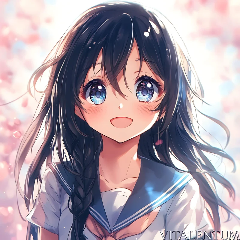 Smiling Anime Girl with Cherry Blossom Background