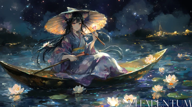 Serene Night Boat Ride with Anime Girl