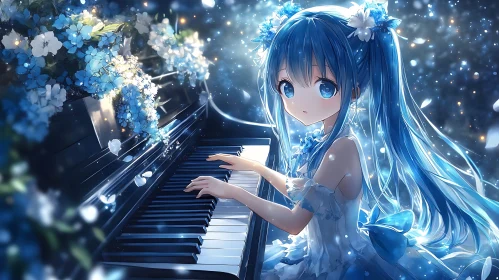 Blue-Haired Anime Girl at the Piano