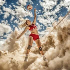 Athlete Mid-Air Volleyball Game Scene