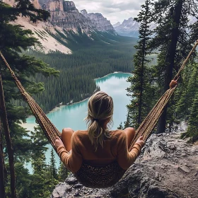 Woman Relaxing in Hammock with Lake View