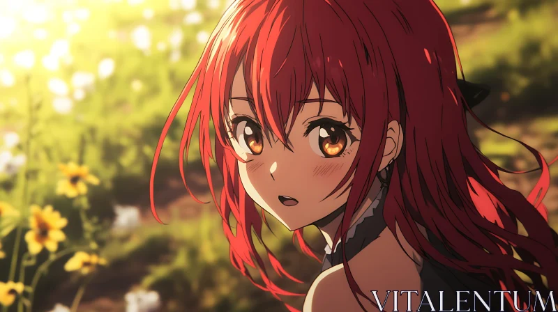 Red-Haired Anime Girl in Sunlit Field AI Image