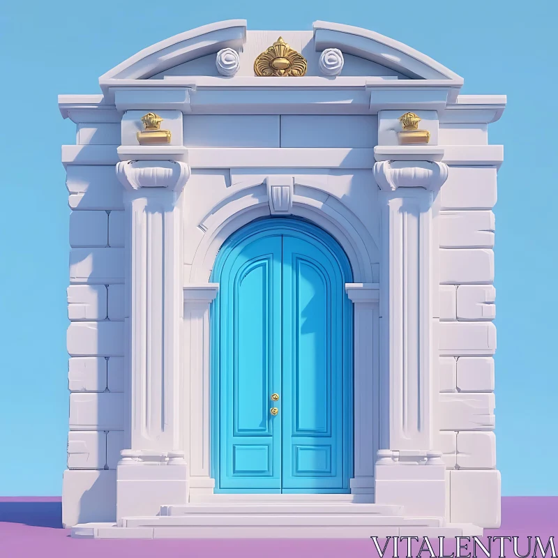Ornate White Facade with Blue Arched Door
