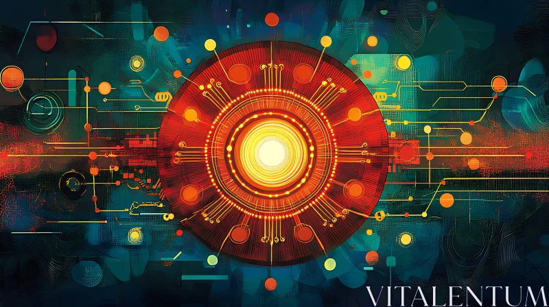 Modern Abstract Circuitry with Teal and Red