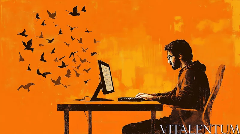 AI ART Man Coding with Birds Art