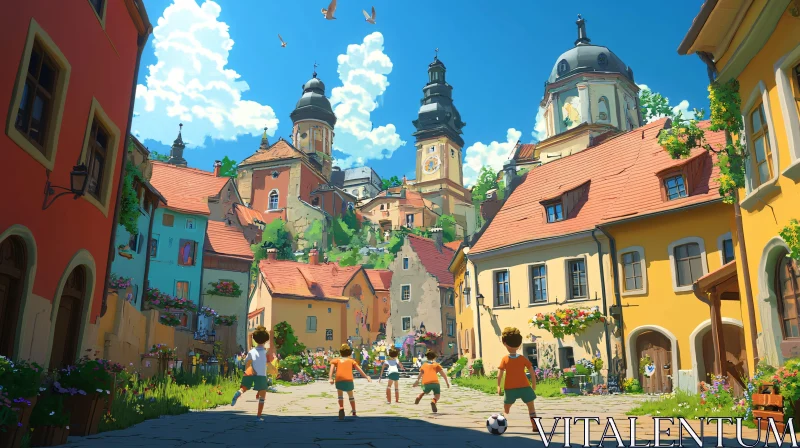 Kids Enjoying Soccer on a Sunny Day in a Colorful Town