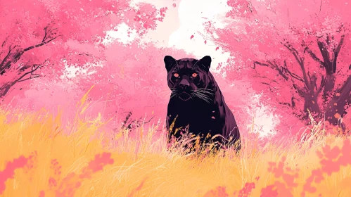 Black Panther Among Pink Blossoms
