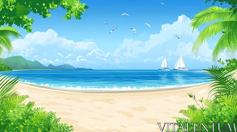 Tropical Beach with Sailboats and Seagulls