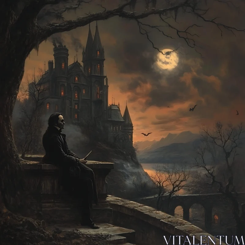 Man Contemplates Gothic Castle at Night