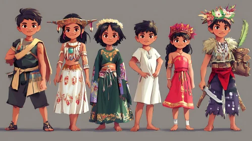 Children in Traditional Dress Cartoon