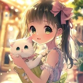 Adorable Anime Girl with Fluffy White Cat