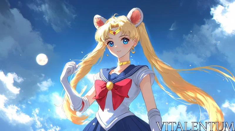 Blonde Anime Girl in Sailor Costume with Moonlit Sky