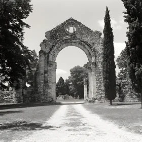 Monochrome Stone Arch Amidst Verdant Trees