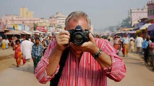 Man Photographing Busy Street Scene