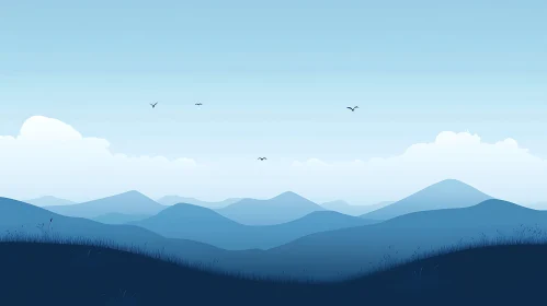 Layered Blue Mountains with Birds Silhouettes