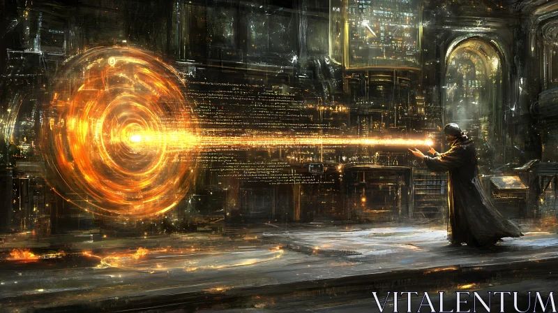 Man Controlling Energy Beam in Future City