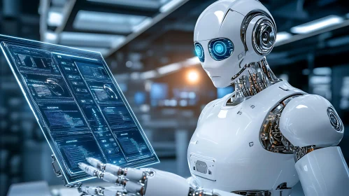 AI Robot Examining Digital Display