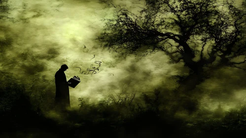 Silhouette Reading in Misty Green Forest