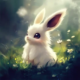 Whimsical White Rabbit in Grassy Field