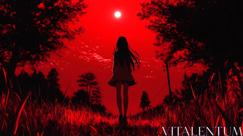Mysterious Girl in Red Sky Anime Scene
