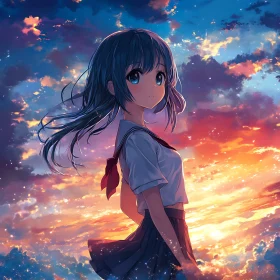 Sunset Anime Girl with Stunning Sky
