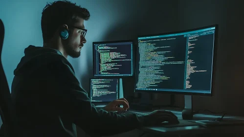 Man Coding Late at Night. Software Developer