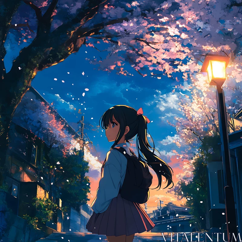 Evening Stroll under Cherry Blossoms Anime Art AI Image