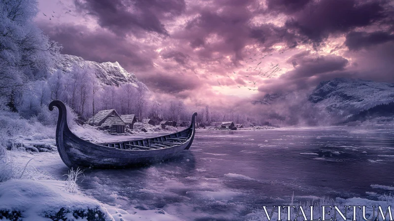 AI ART Mystical Snow Scene with Viking Boat