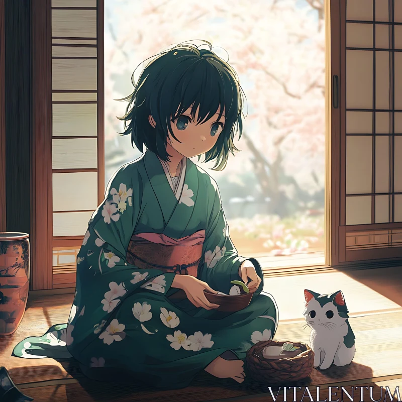 AI ART Tranquil Moment with Anime Girl and Cat in Traditional Japanese Setting