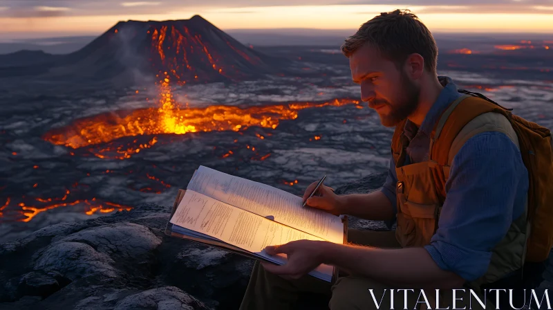 AI ART Man Writing Near Erupting Volcano