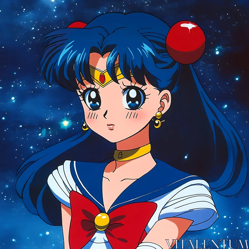 Blue-haired Anime Heroine in Cosmic Setting AI Image