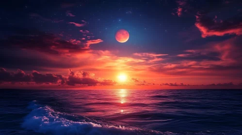 Crimson Horizon: Ocean Sunset with Lunar Glow