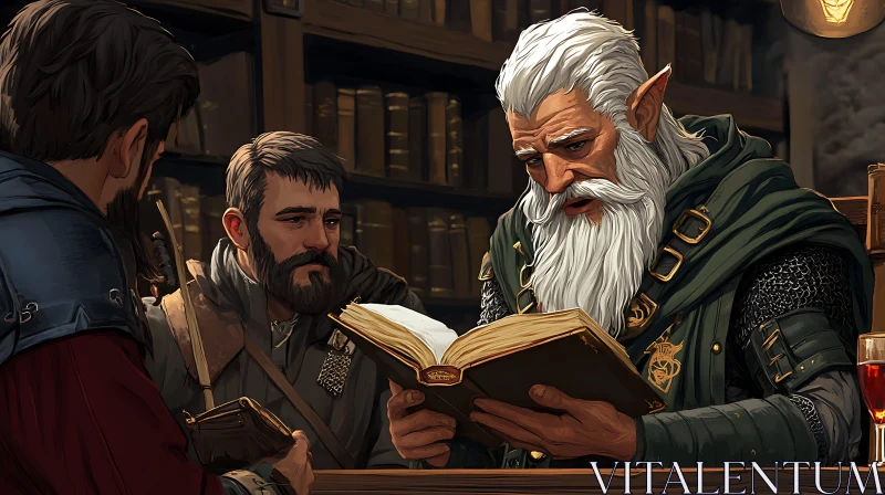 Fantasy Library Scene with Elf and Companions AI Image