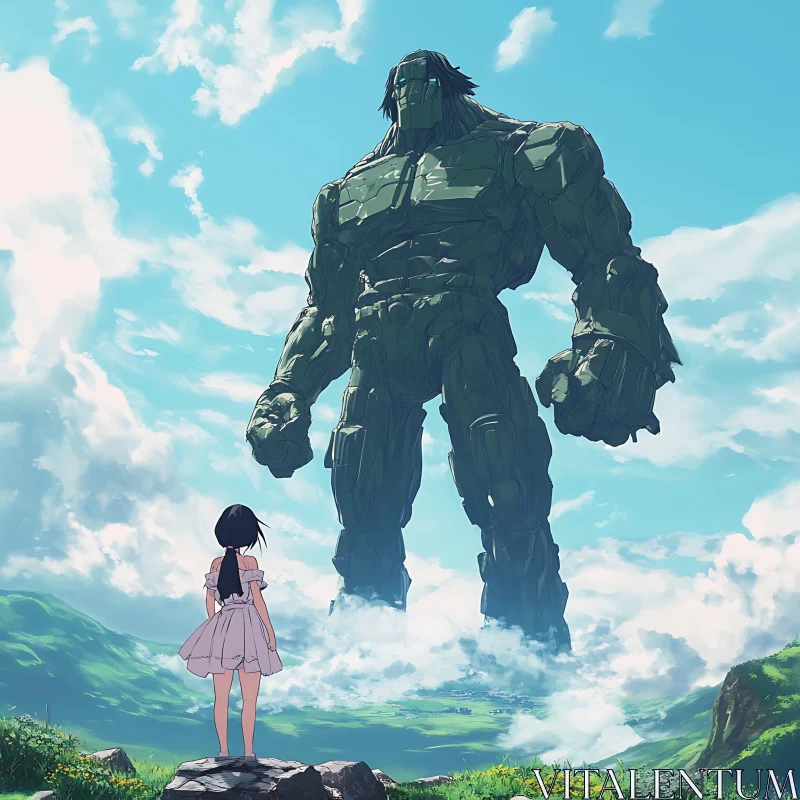 Massive Stone Giant and Girl in Serene Anime Landscape AI Image