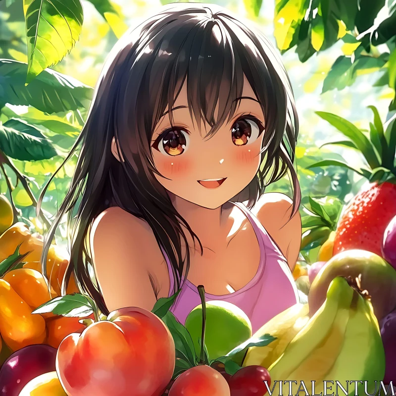 Smiling Anime Girl Amidst Fruits and Sunlight AI Image