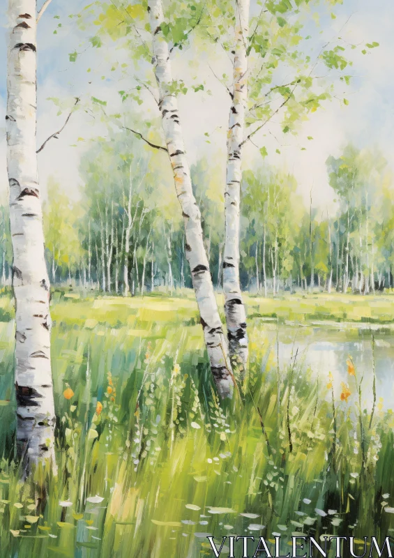 Landscape with Birch Trees and Green Field AI Image