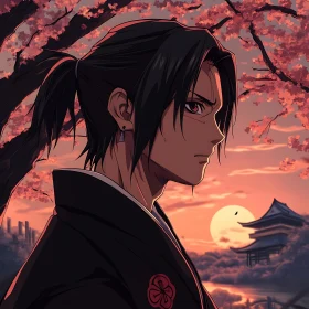 Anime Samurai Amidst Cherry Blossoms