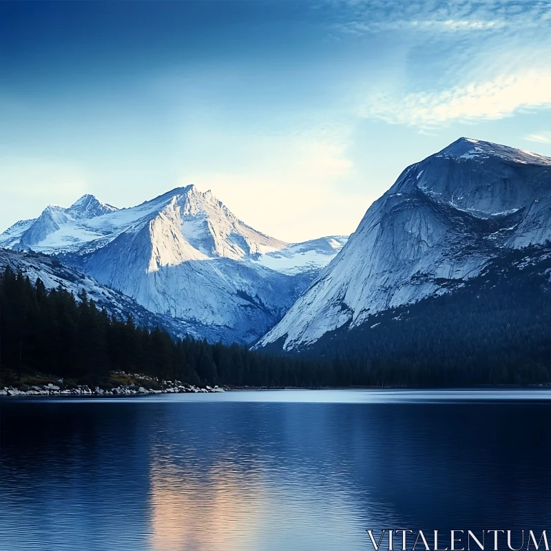 Snowy Peaks Reflected in Calm Waters AI Image