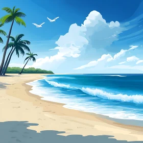 Tropical Beach with White Birds